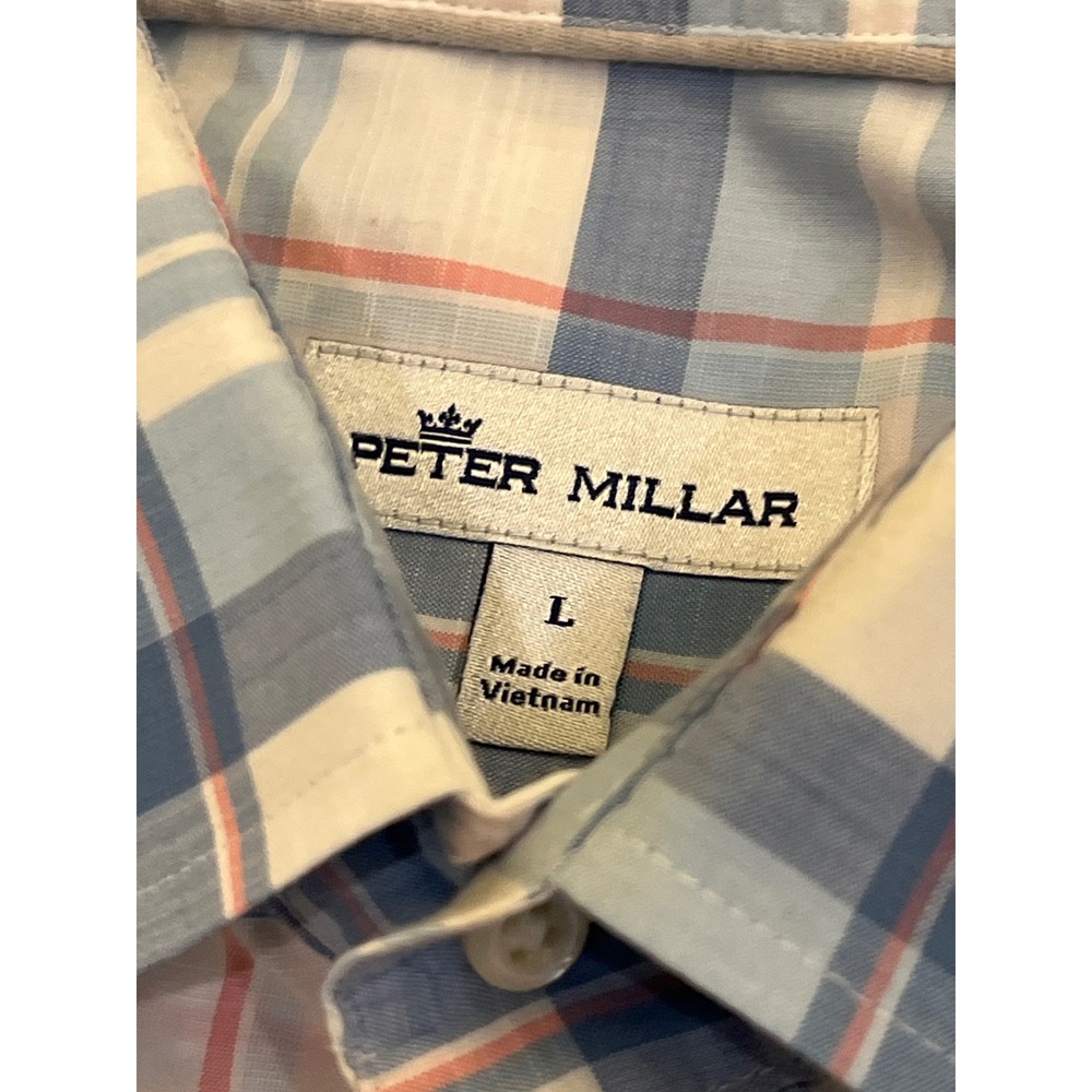 Peter Millar Mens Large Blue Plaid Cotton Stretch Long Sleeve Button Down‎ Shirt